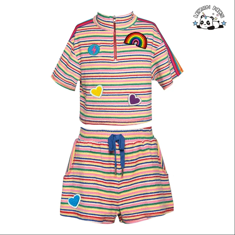LEZONKIDS - Customizable Summer Colorful Stripe Toweling T Shirt Shorts Patchwork Girls Clothing Sets Baby Girl Outfit Set